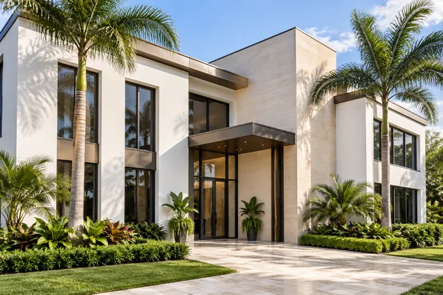 Welcoming light stucco commercial building with palms